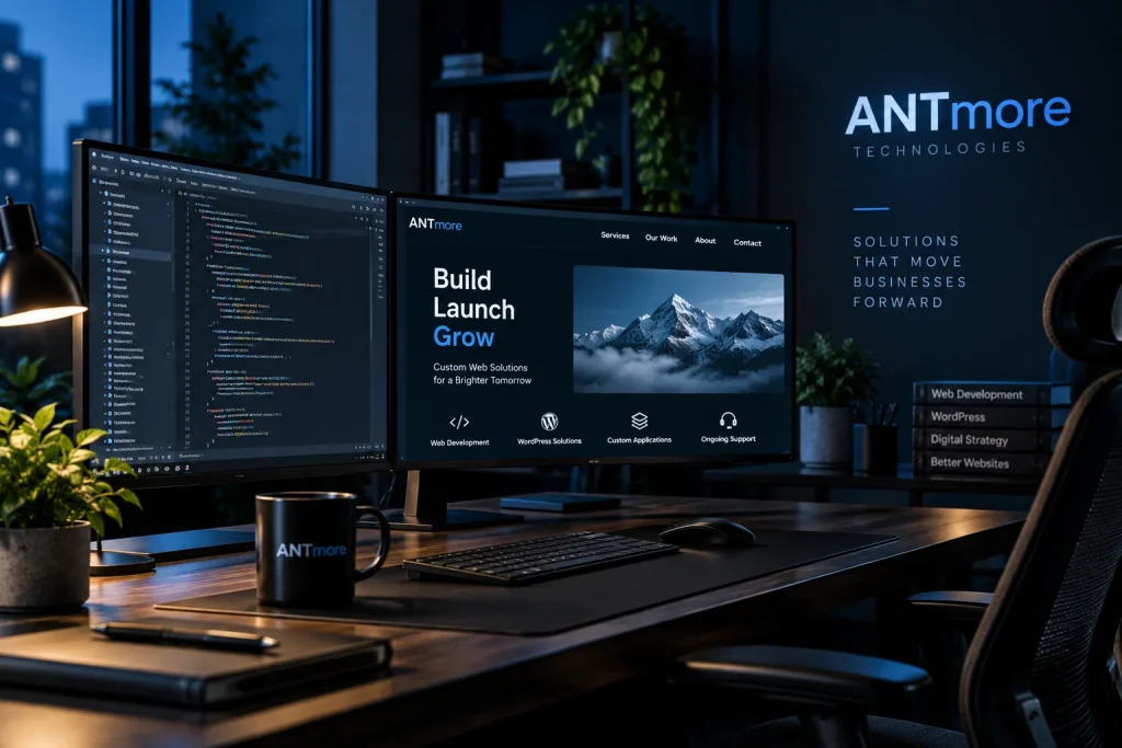 Web development and WordPress workspace representing ANTmore Technologies custom solutions