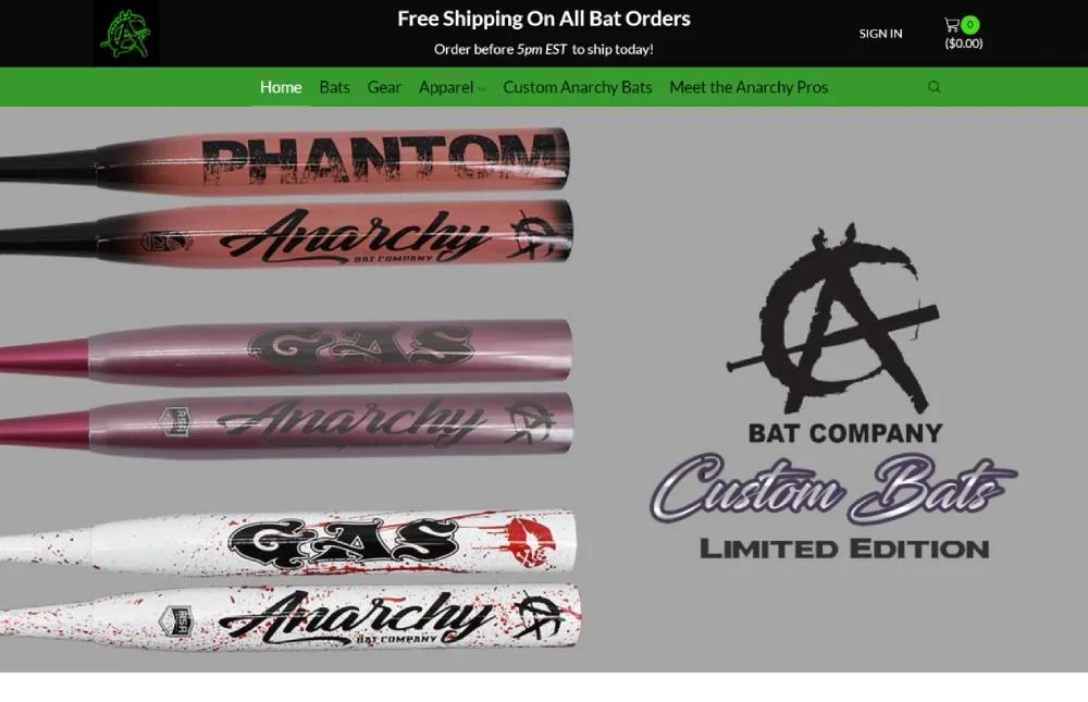 Anarchy Bats ecommerce homepage featuring custom softball bats and limited-edition Anarchy Bat Company products.