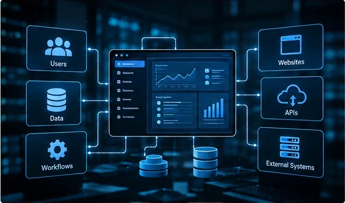 Business application dashboard connected to users, databases, workflows, APIs, websites, and external systems.