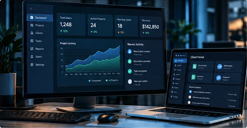 Custom business web application dashboards displayed on a desktop monitor and laptop.