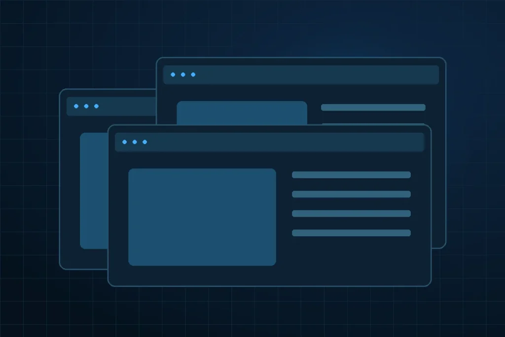 Layered browser windows illustrating flexible support for different websites