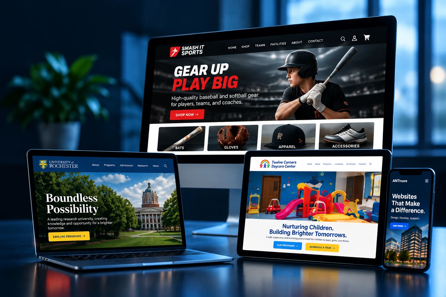 Our Work – Website Development Portfolio – ANTmore Technologies Website development portfolio featuring Smash It Sports, University of Rochester, Twelve Corners Daycare Center, and ANTmore Technologies across desktop and mobile devices