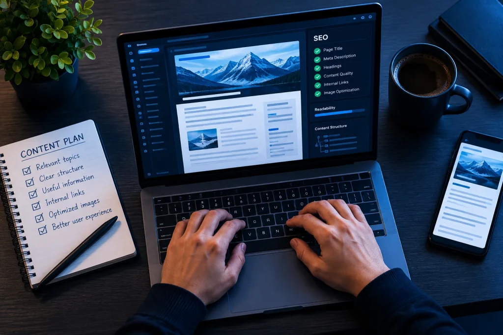 Laptop displaying an SEO content checklist, page headings, internal links, and website content optimization tools.