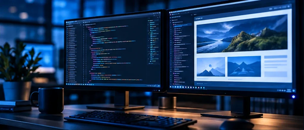 Professional web development workstation with multiple monitors displaying code and website analytics