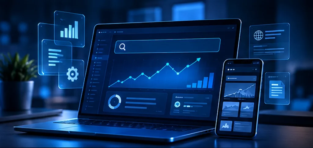SEO analytics displayed on a laptop and mobile screen
