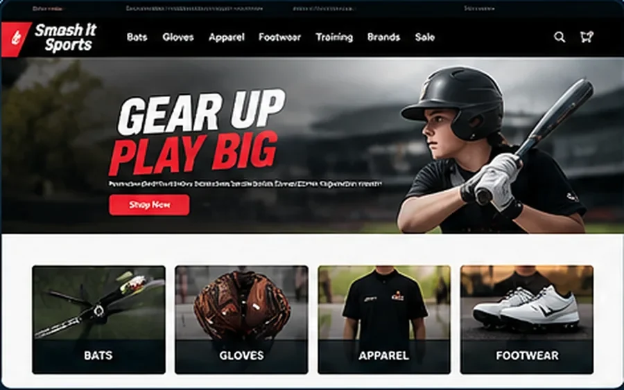 Smash It Sports | WooCommerce Development and SEO Illustrative Smash It Sports e-commerce website design featuring softball equipment