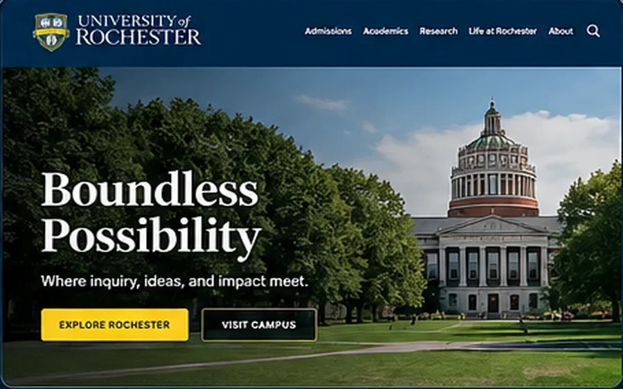 University of Rochester | Front-End Development and CMS Illustrative University of Rochester website design with campus building