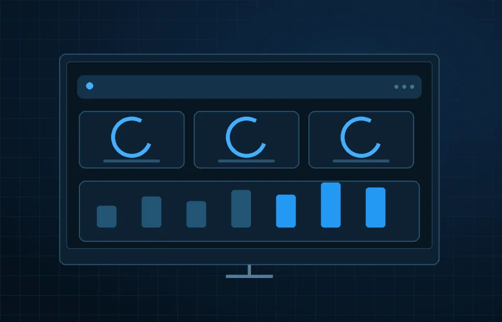 Website maintenance dashboard with update status, health indicators, and performance charts