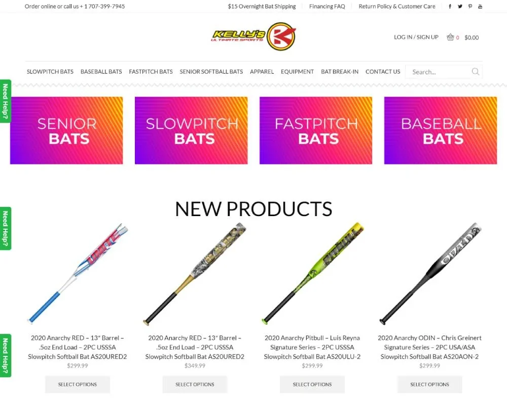 Kelly's Ultimate Sports online store displaying softball and baseball bat categories and featured products.