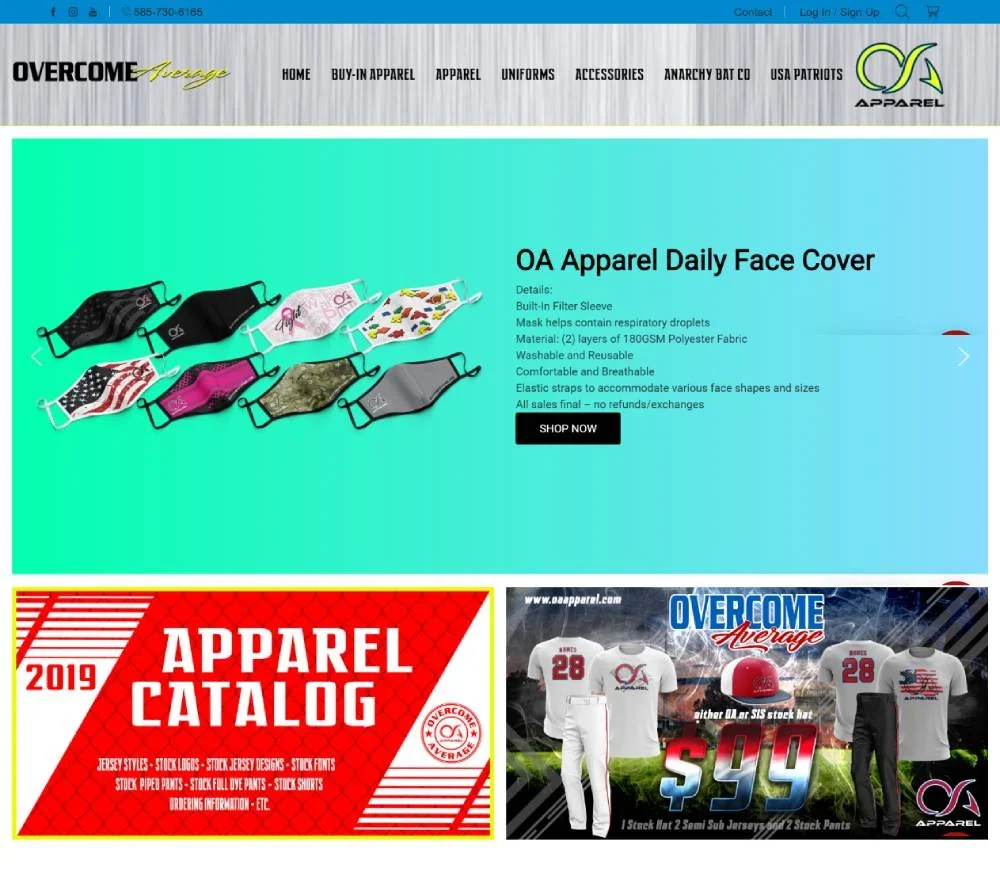 Overcome Average Apparel online store featuring sports apparel, face coverings, and promotional product banners.
