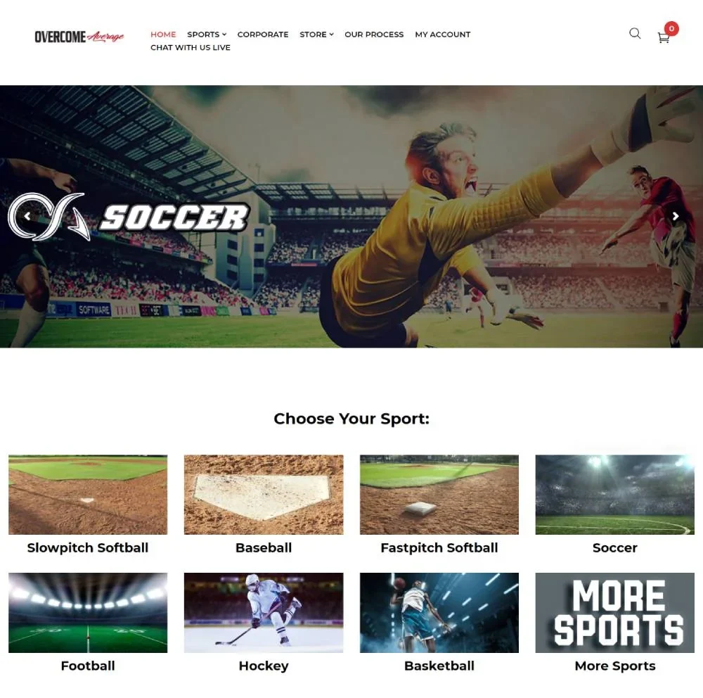 Overcome Average sports apparel website with a soccer hero banner and shopping categories for eight sports.