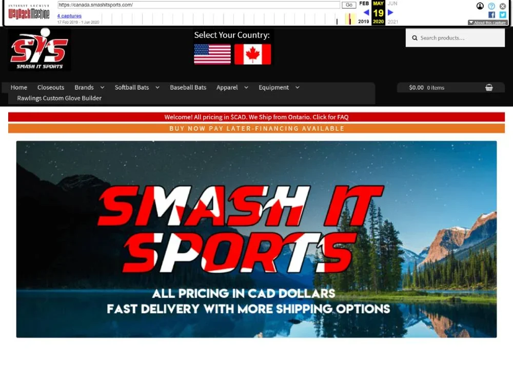 Smash It Sports Canada ecommerce homepage showing Canadian dollar pricing, country selection, and softball equipment navigation.