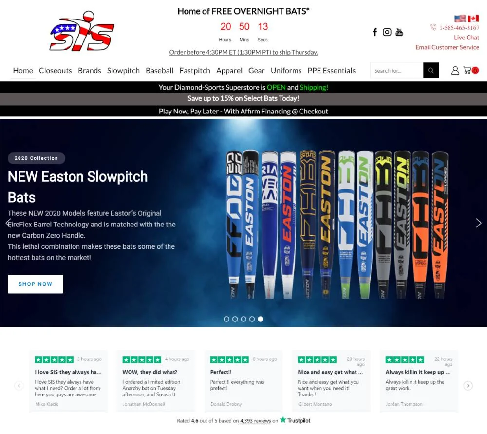 Smash It Sports ecommerce homepage featuring Easton slowpitch bats, product navigation, and customer reviews.