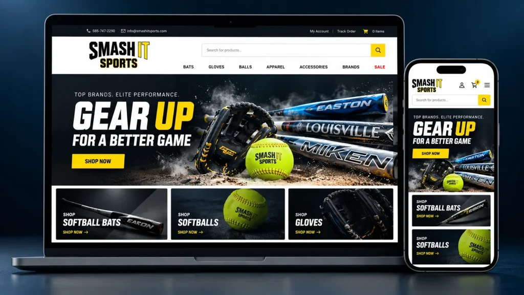 Smash It Sports ecommerce website concept displayed on desktop and mobile devices