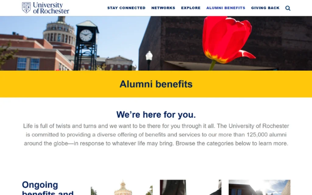 University of Rochester Alumni Benefits webpage showing campus services, career resources, and alumni programs