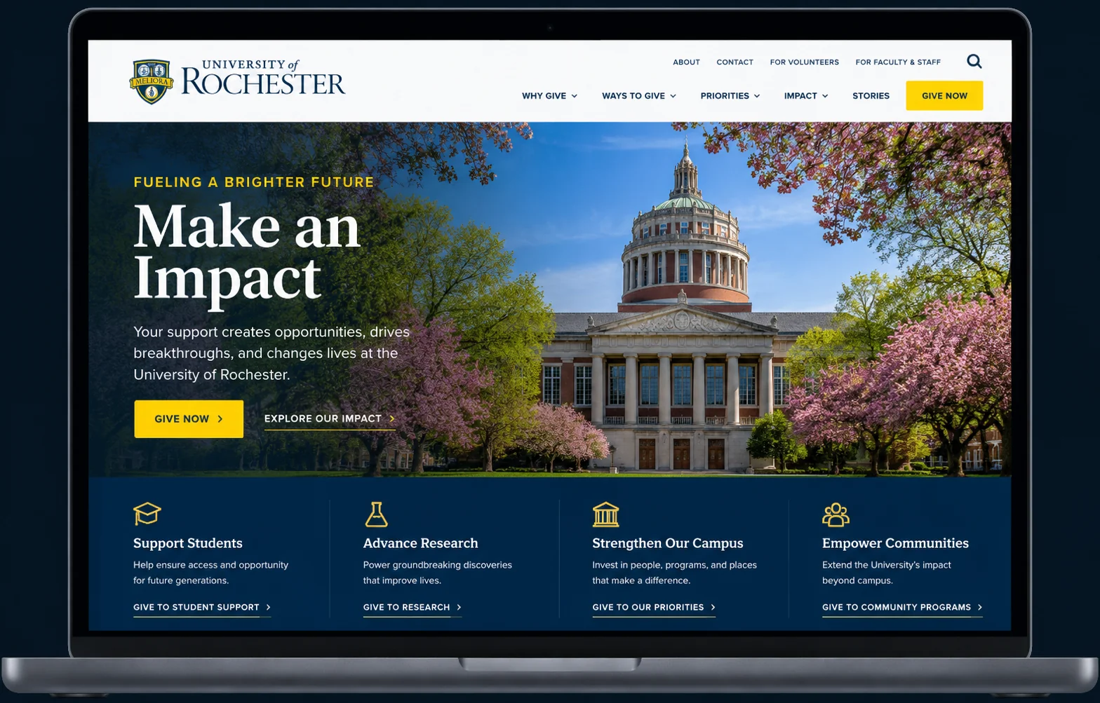 Illustrative University of Rochester fundraising website design representing WordPress development and digital advancement work