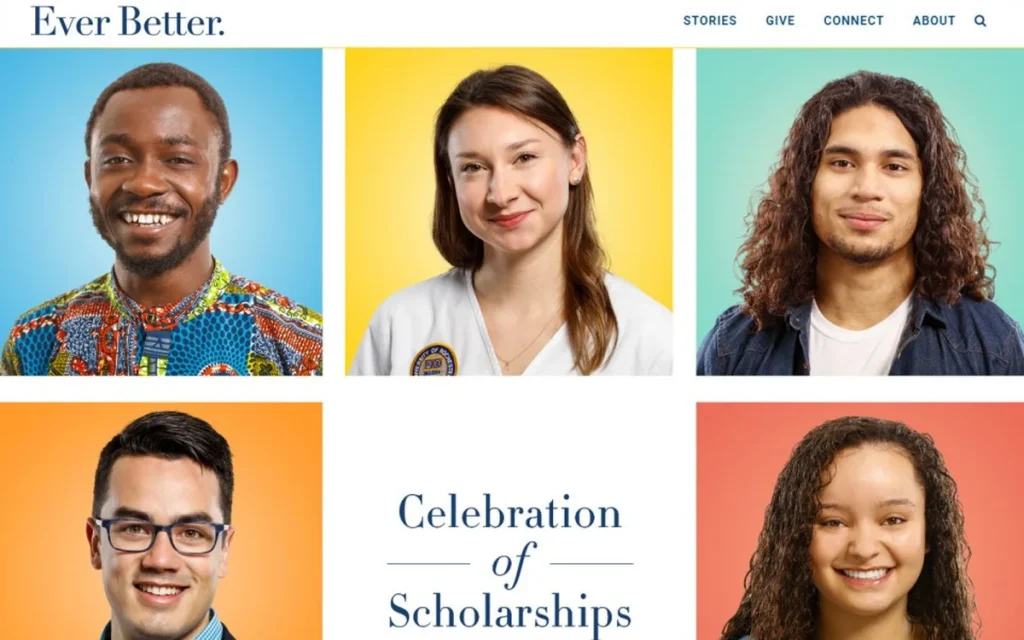 University of Rochester Ever Better Celebration of Scholarships webpage featuring student portraits