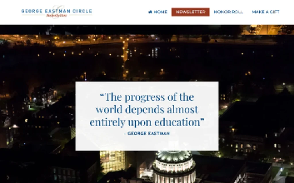 University of Rochester George Eastman Circle newsletter website displaying donor communications and archived issues