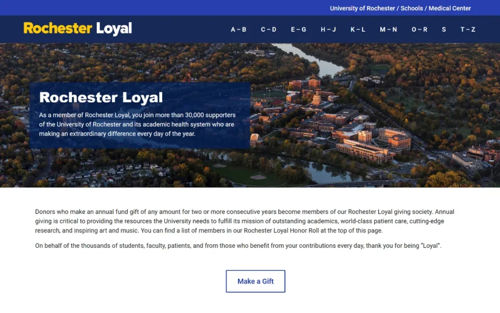 Rochester Loyal donor recognition website with University of Rochester campus aerial photography