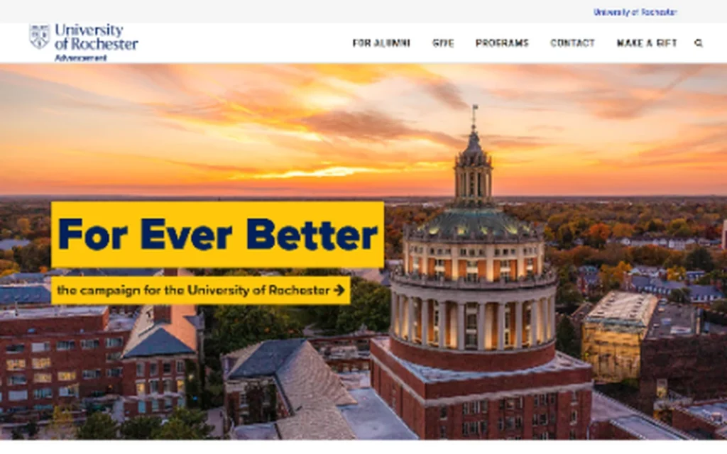 University of Rochester Advancement homepage featuring the For Ever Better campaign and Rush Rhees Library