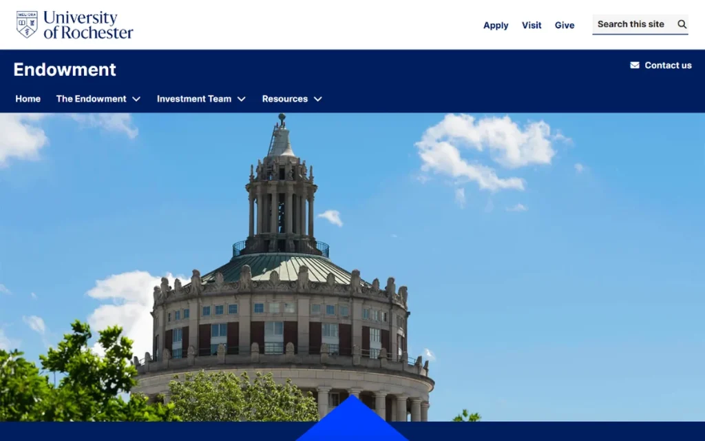 University of Rochester Endowment website featuring Rush Rhees Library and Forever Forward messaging