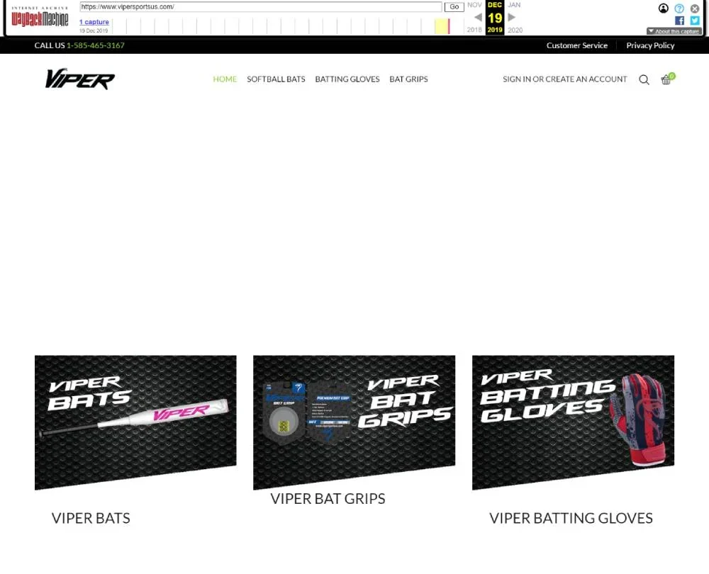 Viper Equipment ecommerce website featuring softball bats, bat grips, and batting glove product categories.